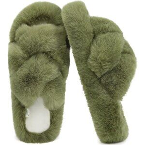 Women's Green Faux Fur Fuzzy Fluff House Open Toe Slide Slippers Shoes